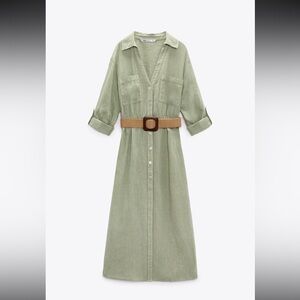 Zara limited edition pure linen buttoned belted midi dress